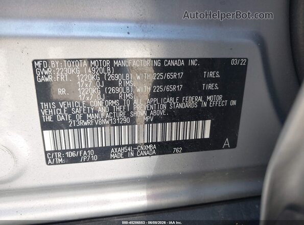 2T3RWRFV8NW131290 2022 TOYOTA RAV4 HYBRID Silver 