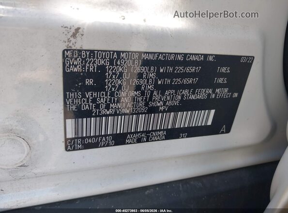 2T3RWRFV9NW132092 2022 TOYOTA RAV4 HYBRID White Engine compartment view