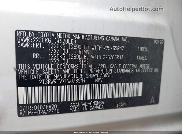 2T3RWRFVXLW078914 2020 TOYOTA RAV4 HYBRID White Widok komory silnika