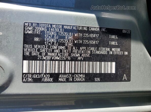 2T3W1RFV0NW229716 2022 TOYOTA RAV4 Green VIN sticker view
