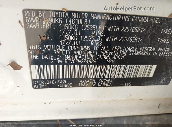 2T3W1RFV0PW274934 2023 TOYOTA RAV4 White Widok komory silnika