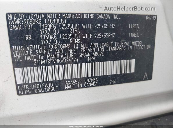 2T3W1RFV1KW024174 2019 TOYOTA RAV4 White Vista del compartimento del motor