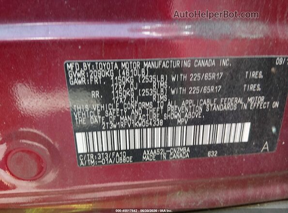 2T3W1RFV1KW054338 2019 TOYOTA RAV4 Red Widok komory silnika