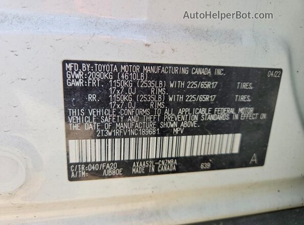 2T3W1RFV1NC189681 2022 TOYOTA RAV4 White Widok naklejki z numerem VIN