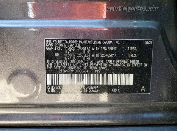 2T3W1RFV1SC336464 2025 TOYOTA RAV4 Gray Vista de la etiqueta del VIN