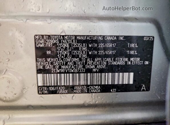 2T3W1RFV1SW387333 2025 TOYOTA RAV4 Silver VIN կոդի պիտակի տեսք