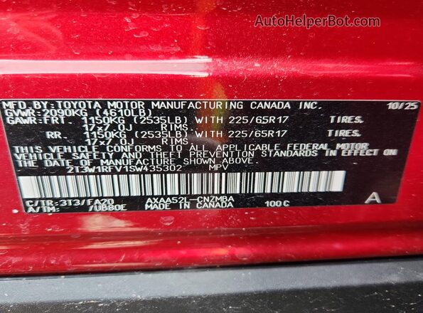 2T3W1RFV1SW435302 2025 TOYOTA RAV4 Красный Панорамный вид салона 360°