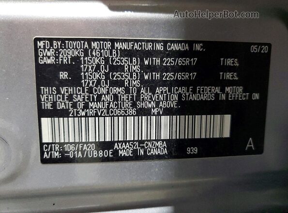 2T3W1RFV2LC066386 2020 TOYOTA RAV4 Silver 