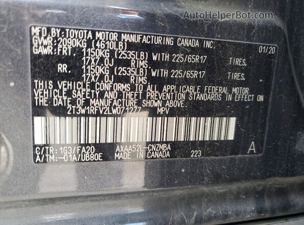 2T3W1RFV2LW071277 2020 TOYOTA RAV4 Gray VIN կոդի պիտակի տեսք