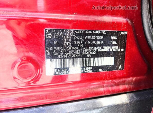 2T3W1RFV2LW099211 2020 TOYOTA RAV4 Red Widok naklejki z numerem VIN