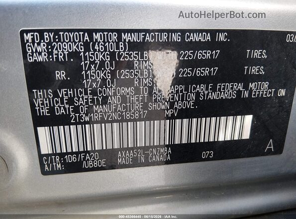 2T3W1RFV2NC185817 2022 TOYOTA RAV4 Silver Vista del compartimento del motor