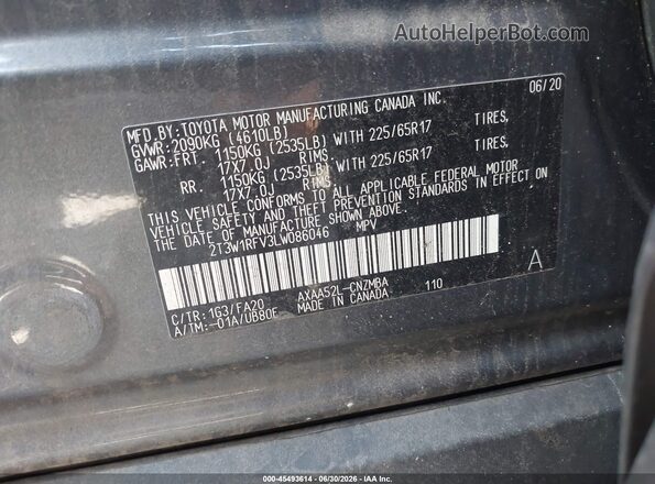 2T3W1RFV3LW086046 2020 TOYOTA RAV4 Gray Vista del compartimento del motor