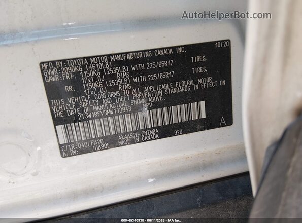 2T3W1RFV3MW113943 2021 TOYOTA RAV4 White Vista del compartimento del motor