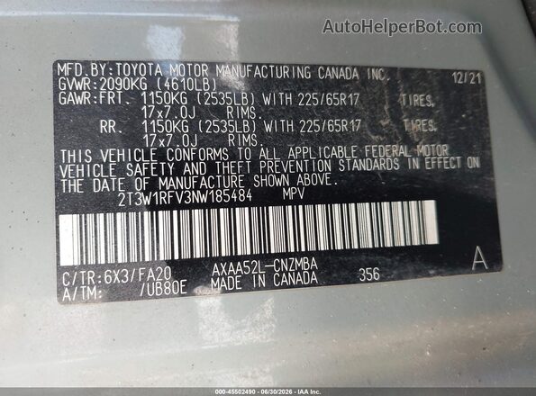 2T3W1RFV3NW185484 2022 TOYOTA RAV4 Gray Շարժիչի բաժամունքի տեսք