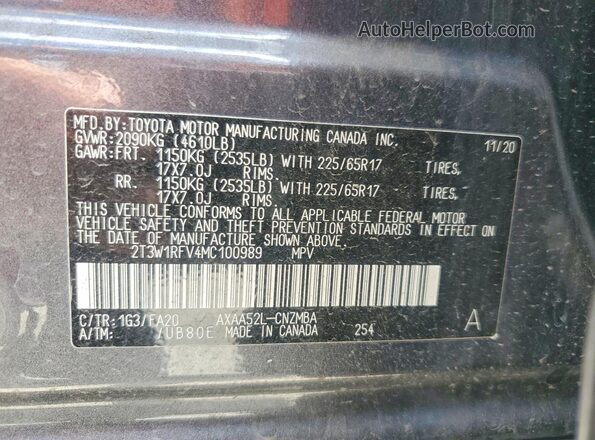 2T3W1RFV4MC100989 2021 TOYOTA RAV4 Gray Widok naklejki z numerem VIN