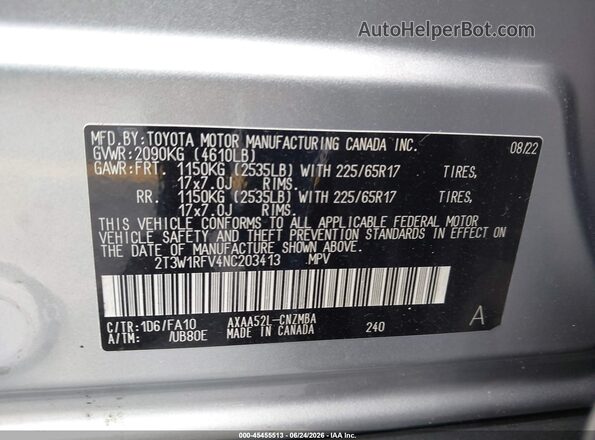 2T3W1RFV4NC203413 2022 TOYOTA RAV4 Серебряный Вид подкапотного пространства