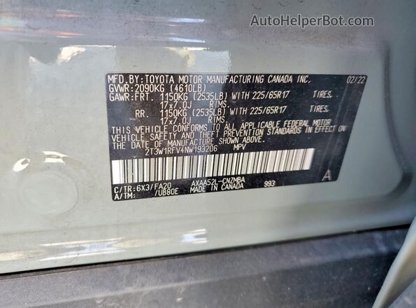 2T3W1RFV4NW193206 2022 TOYOTA RAV4 Gray Vista de la etiqueta del VIN