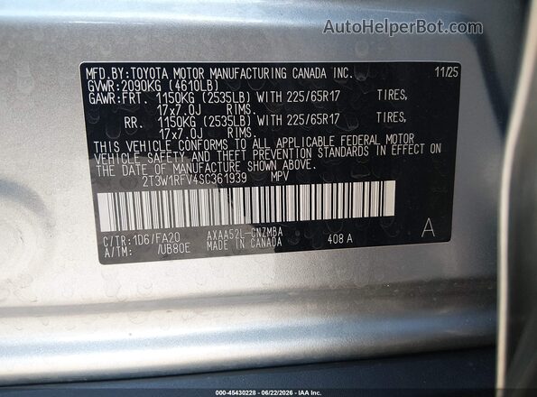 2T3W1RFV4SC361939 2025 TOYOTA RAV4 Silver Շարժիչի բաժամունքի տեսք