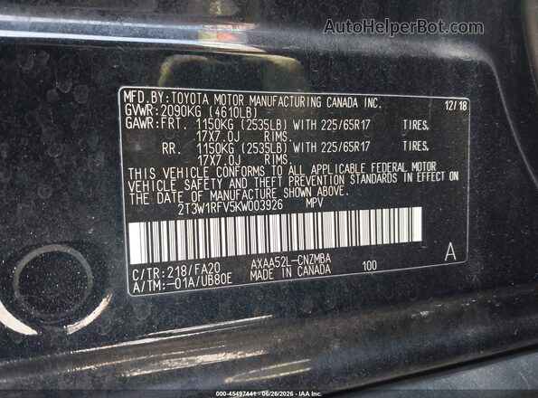 2T3W1RFV5KW003926 2019 TOYOTA RAV4 Black Вид підкапотного простору