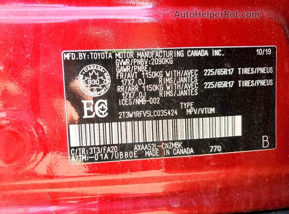2T3W1RFV5LC035424 2020 TOYOTA RAV4 Red VIN կոդի պիտակի տեսք