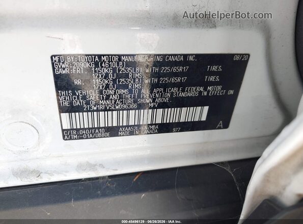 2T3W1RFV5LW096366 2020 TOYOTA RAV4 White ძრავის განყოფილების ხედი