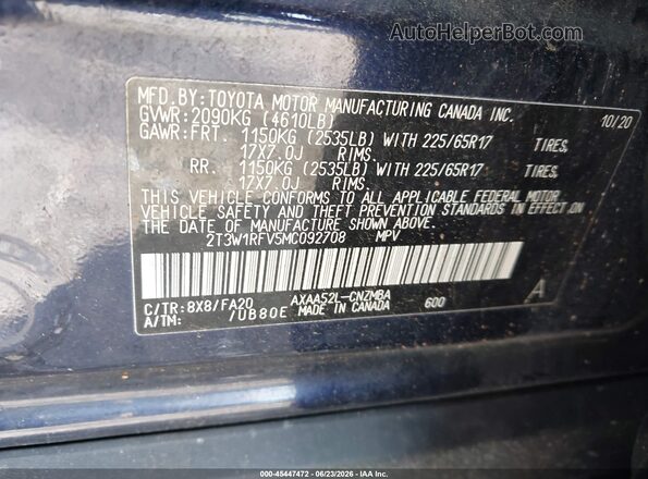 2T3W1RFV5MC092708 2021 TOYOTA RAV4 Blue Շարժիչի բաժամունքի տեսք