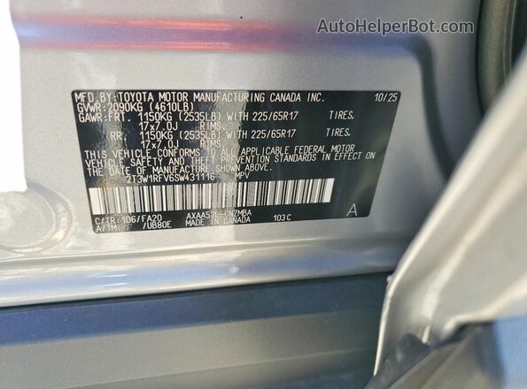 2T3W1RFV6SW431116 2025 TOYOTA RAV4 Silver Widok naklejki z numerem VIN