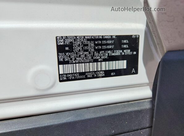 2T3W1RFV7KC008112 2019 TOYOTA RAV4 White Engine compartment view