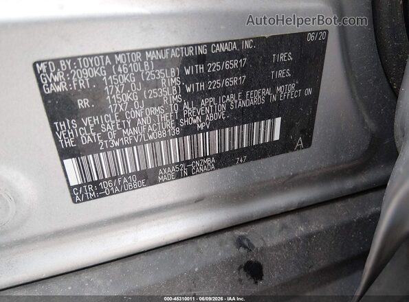 2T3W1RFV7LW088138 2020 TOYOTA RAV4 Silver ძრავის განყოფილების ხედი
