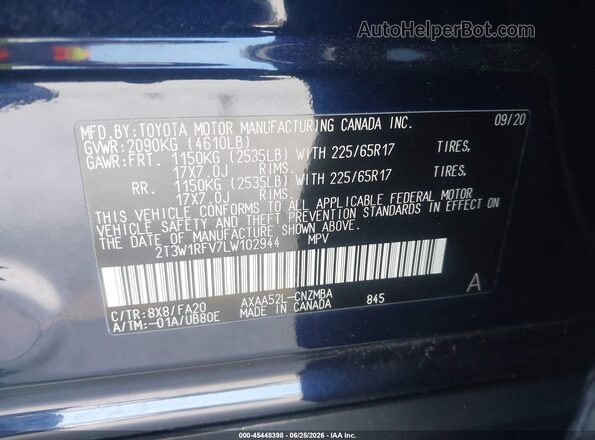 2T3W1RFV7LW102944 2020 TOYOTA RAV4 Blue Vista del compartimento del motor