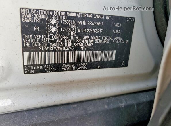2T3W1RFV7MW163745 2021 TOYOTA RAV4 White Вид наклейки з VIN-кодом