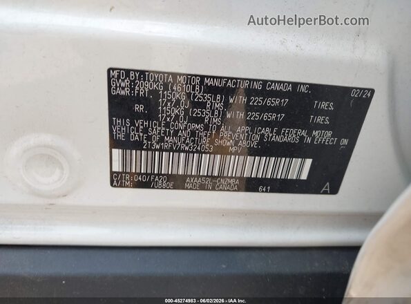 2T3W1RFV7RW324053 2024 TOYOTA RAV4 White Vista del compartimento del motor