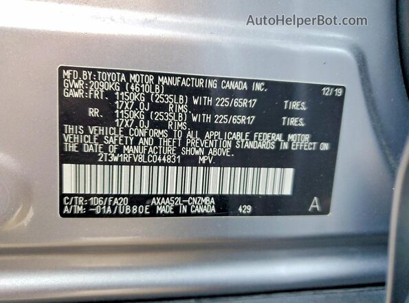 2T3W1RFV8LC044831 2020 TOYOTA RAV4 Silver Вид наклейки з VIN-кодом