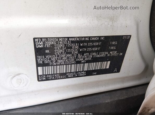 2T3W1RFV8LC052945 2020 TOYOTA RAV4 White Вид підкапотного простору