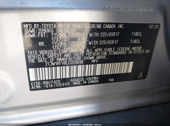 2T3W1RFV8LC059698 2020 TOYOTA RAV4 Silver Вид підкапотного простору