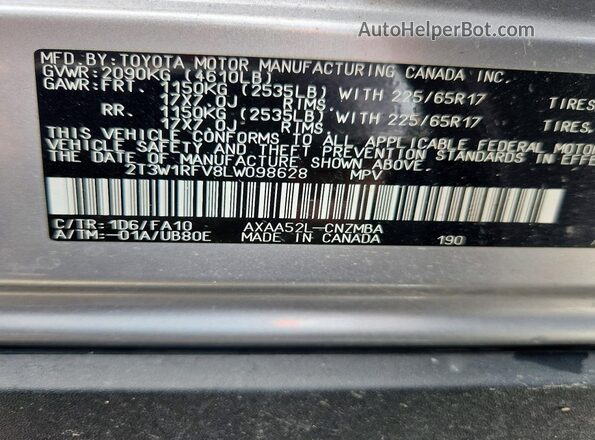 2T3W1RFV8LW098628 2020 TOYOTA RAV4 Silver 360 interior view