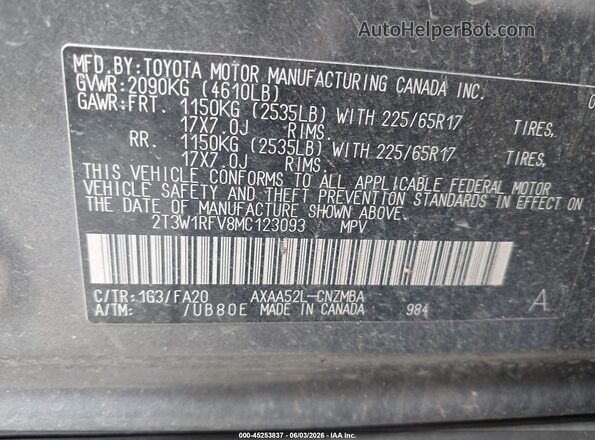 2T3W1RFV8MC123093 2021 TOYOTA RAV4 Gray Vista del compartimento del motor