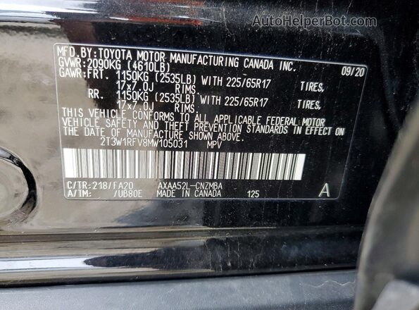 2T3W1RFV8MW105031 2021 TOYOTA RAV4 Black VIN sticker view