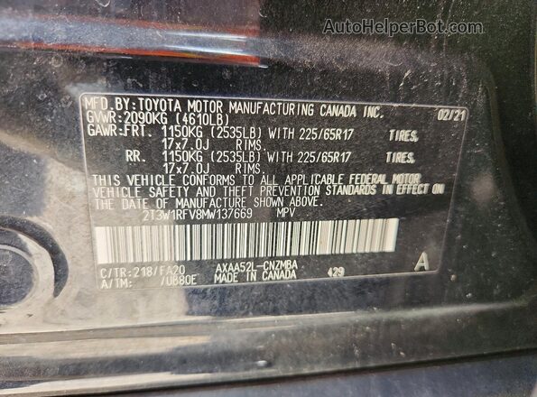2T3W1RFV8MW137669 2021 TOYOTA RAV4 Черный Вид наклейки с VIN-кодом