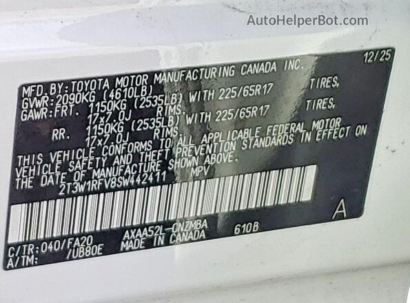 2T3W1RFV8SW442411 2025 TOYOTA RAV4 White Widok naklejki z numerem VIN