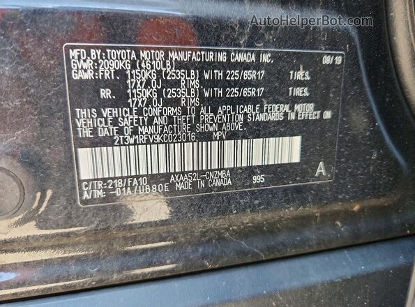 2T3W1RFV9KC023016 2019 TOYOTA RAV4 Black VIN sticker view
