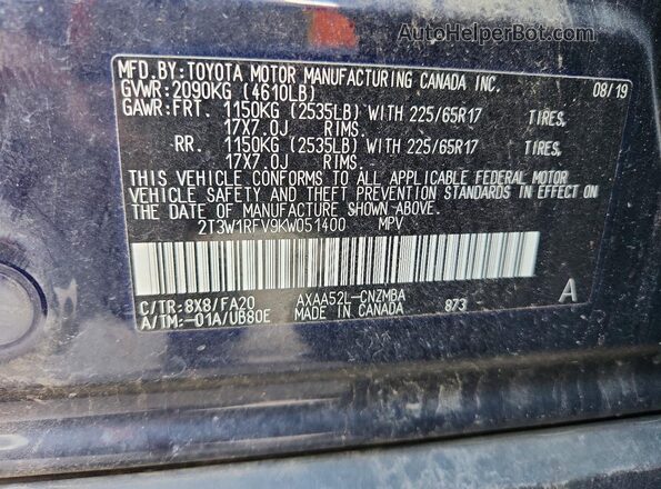 2T3W1RFV9KW051400 2019 TOYOTA RAV4 Blue VIN կոդի պիտակի տեսք