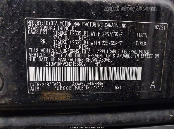 2T3W1RFV9MC155602 2021 TOYOTA RAV4 Black Вид підкапотного простору