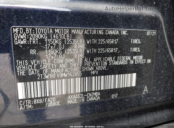 2T3W1RFV9MW162855 2021 TOYOTA RAV4 Dark Blue Vista del compartimento del motor