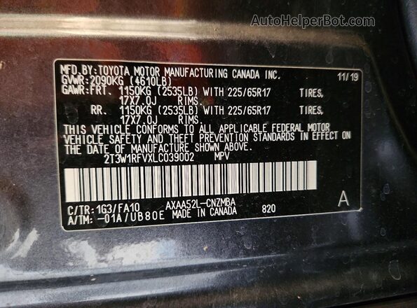 2T3W1RFVXLC039002 2020 TOYOTA RAV4 Серый 