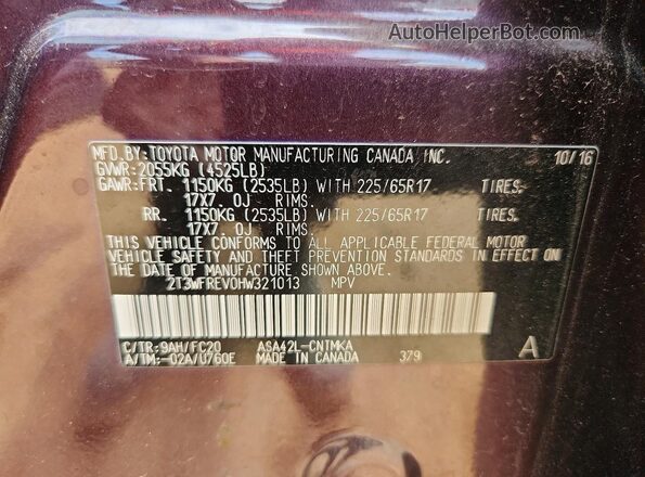 2T3WFREV0HW321013 2017 TOYOTA RAV4 Purple VIN კოდის სტიკერის ხედი