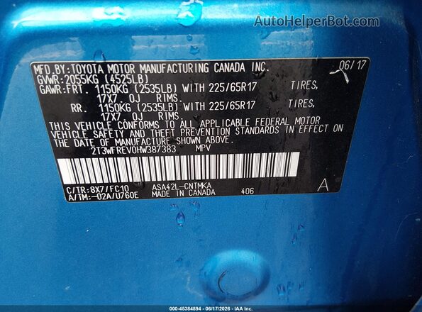2T3WFREV0HW387383 2017 TOYOTA RAV4 Blue ძრავის განყოფილების ხედი