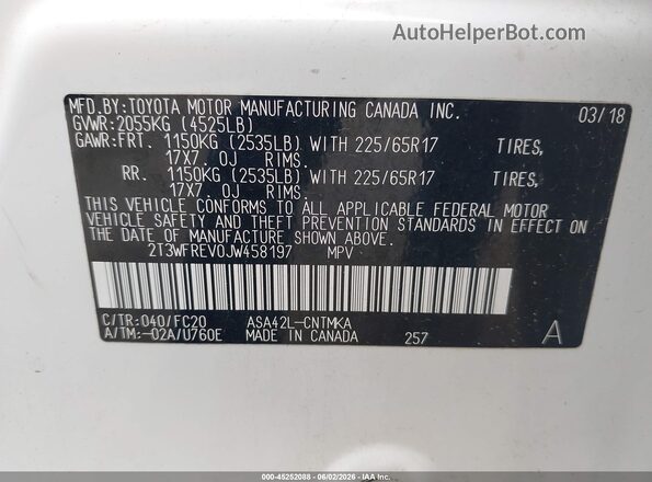 2T3WFREV0JW458197 2018 TOYOTA RAV4 White Widok komory silnika