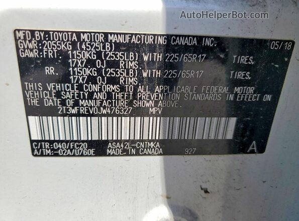 2T3WFREV0JW476327 2018 TOYOTA RAV4 Белый 
