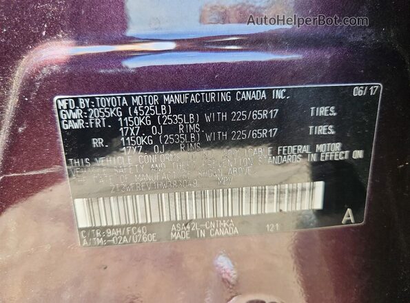 2T3WFREV1HW383049 2017 TOYOTA RAV4 Maroon VIN კოდის სტიკერის ხედი